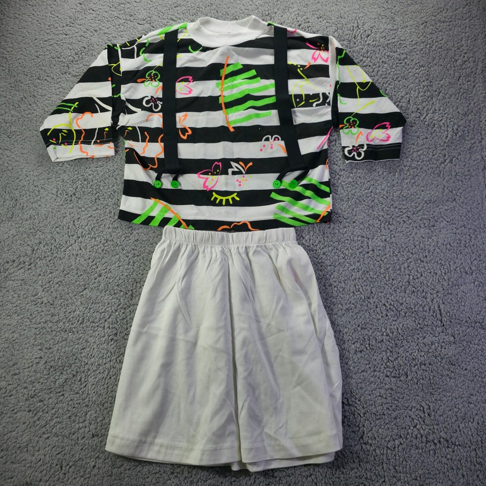 Vintage Sears Kids Neon Striped Suspenders Top and Shorts Set Small Made Canada